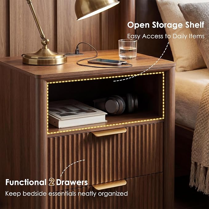LYNCOHOME 19.7" Fluted Nightstand with Charging Station, 2 Drawer Bedside Table, Modern Night Stand with Curved Edge Design, Wooden End Table for Bedroom, Rounded Night Stand with Storage, Walnut