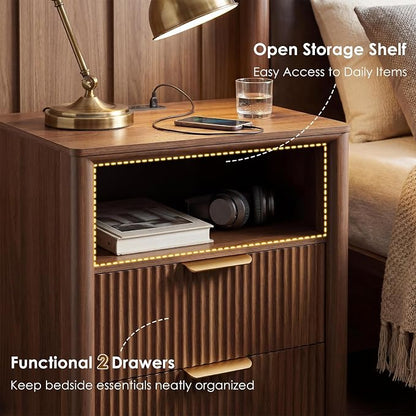 LYNCOHOME 19.7" Fluted Nightstand with Charging Station, 2 Drawer Bedside Table, Modern Night Stand with Curved Edge Design, Wooden End Table for Bedroom, Rounded Night Stand with Storage, Walnut