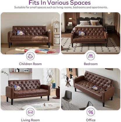 TYBOATLE 62" W Brown Leather Loveseat w/ 2 USB and 2 Cupholders, Mid-Century Modern Tufted Small Love Seat Couches for Office, Living Room, Bedroom, Dorm (1, Brown)