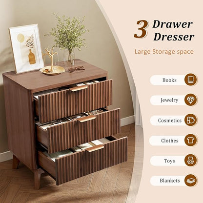 LYNCOHOME Fluted Nightstand with 3 Drawers, Modern Wood Chest of Bedside Table with Curved Profile, Fluted Dresser Organizer for Bedroom,Walnut