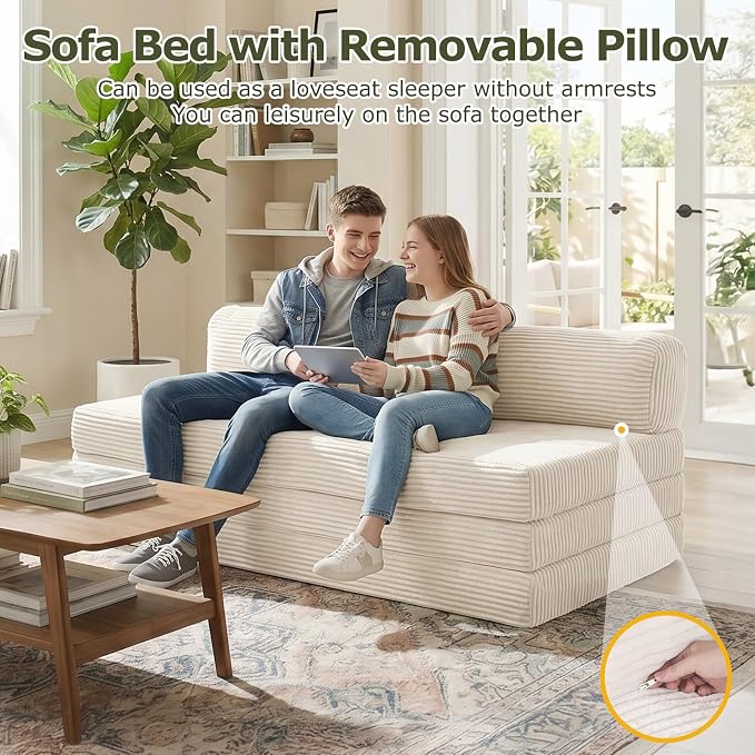 Convertible Sofa Bed, Boneless Loveseat with Removable Cushions & Washable Corduroy Cover, Futon Sofa Bed with Handle, Pull Out Couch for Small Spaces, Full Size, Beige
