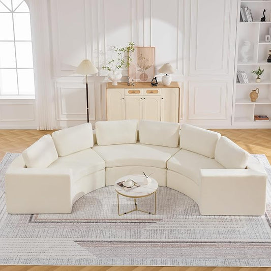 WUTUTUEE 139'' Curved Round Boneless Couch, Oversized Cloud Sofa with Deep Seat & Arms, Chenille Modular Sectional Sofa with Pillows, Upholstered Comfy 6 Seat Couch for Living Room, White