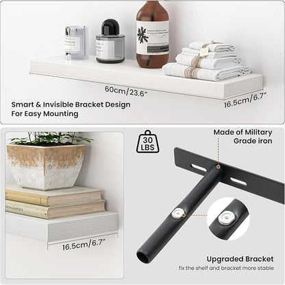 Heimlove 24 Inch Floating Shelves for Wall,Mounted Storage Wood Shelves with Invisible Brackets Hanging Shelf for Bedroom,Living Room,Kitchen,Office,Set of 2,White