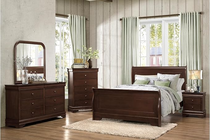 MASARA 4-Piece Louis Philippe Style Sleigh Queen Bedroom Set in Dark Cherry Finish