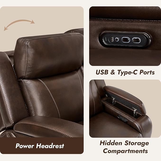 Watson & Whitely Genuine Leather Power Loveseat Recliner Sofa, Zero Gravity Reclining Loveseat with Power Headrest & Hidden Storage, Charging Ports, Dual Recliner Sofas for Living Room, Dark Brown
