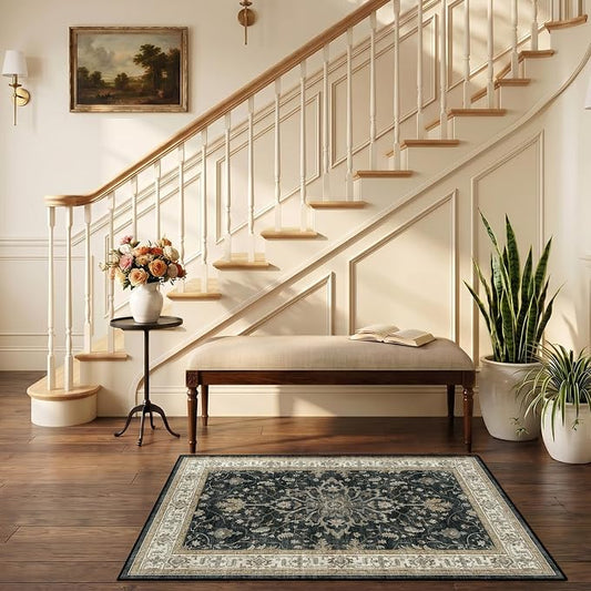 RELEANY Area Rugs Small 2'6"x4' Washable Non-Slip, Floral Vintage Distress Medallion Carpet for Kitchen Entryway Bathroom, Vintage Black Brown Neutral
