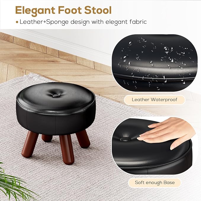 oakvivo 13in Small Foot Stool Ottoman, Round Faux Leather Foot Rest, Footstool Ottomans with Rubber Legs Under Desk, Footrest for Couch, Living Room, Bedroom, Office, 13''L x 13''W x 10.2''H, Black