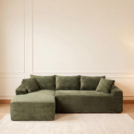 95" L-Shaped Right Facing Cloud Sectional Couch for Living Room, Modular Compressed Boneless Sectional Sofa Corduroy Boneless Corner Foam Sofa W/Chaise Lounge and Pillows