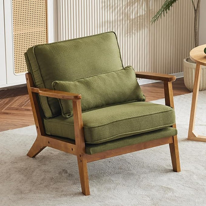 Karl home Mid-Century Lounge Accent Chair, Green | Wide Curved Armrest, Linen Fabric, Lumbar Pillow Included, Solid Wood Frame, For Living Room, Bedroom, Balcony, Apartment