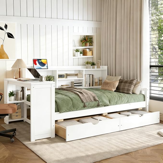 Bellemave Twin Size Corner Bed Frame with Storage Drawers and Desk,Captain L-Shaped Daybed with Bookcase,Corner Bed Frame Twin Size with Charging Station for Kids,Teens,Guests,White