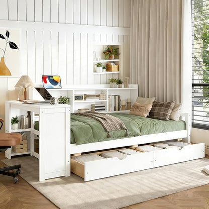 Bellemave Twin Size Corner Bed Frame with Storage Drawers and Desk,Captain L-Shaped Daybed with Bookcase,Corner Bed Frame Twin Size with Charging Station for Kids,Teens,Guests,White