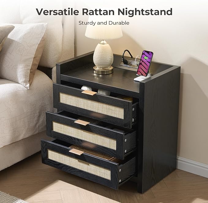 SICOTAS Nightstands Set of 2 Bedside Table - Larger Rattan Night Stand with Type-C Charging Station, 3 Drawers Storage - Boho Tall Night Stands End Table for Bedroom Office - Black Oak