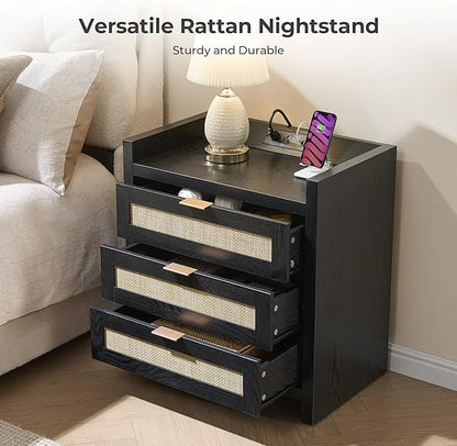 SICOTAS Rattan Nightstand Bedside Table - Larger Night Stand with Type-C Charging Station, 3 Drawers Storage - Boho Night Stands End Table for Bedroom - Black Oak