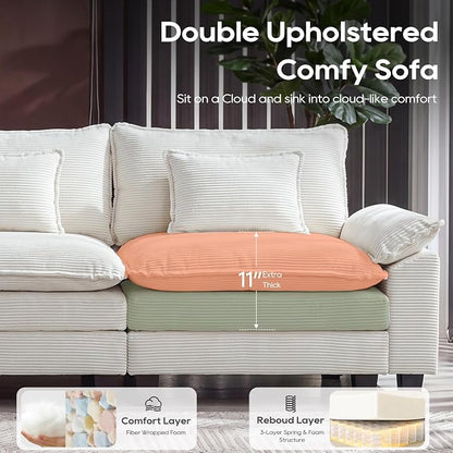 URRED Oversized Modular Sectional Sofa, 87" L Shaped Modern Comfy Cloud Couch with Movable Ottoman & Pillows, Deep Seat Couches for Living Room, Bedroom or Apartment (Corduroy Beige, 87" L Shaped)