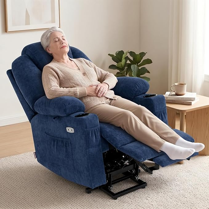 MCombo Small Power Lift Recliner Chair for Elderly, Petite Power Lift Chair with Heat and Massage for Seniors, Cup Holders, USB & Type C Ports, Fabric 7141 (Admiral)