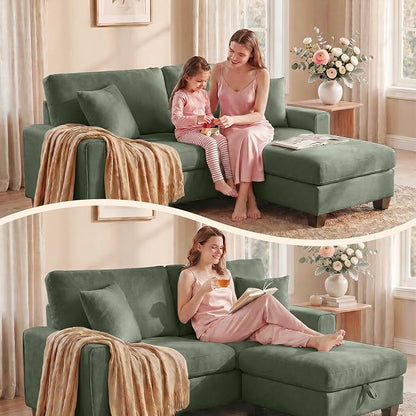 DOPEDIO L-Shaped Sectional Sofa with Storage Ottoman, Modern Chenille Recliner Loveseat, Removable Couch Covers, Pocket Spring Cushions, Solid Wood Frame, Easy to Install (88.58inch, Green)