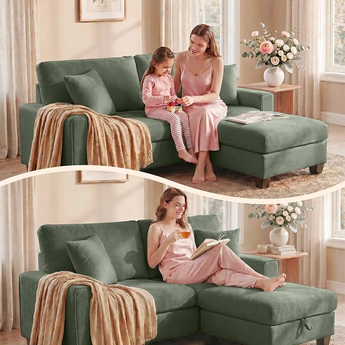 DOPEDIO L-Shaped Sectional Sofa with Storage Ottoman, Modern Chenille Recliner Loveseat, Removable Couch Covers, Pocket Spring Cushions, Solid Wood Frame, Easy to Install (71.25inch, Green)