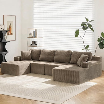 130" U-Shaped Modular Sectional Sofa with Chaise, Boneless Corduroy Flexible Module Seating for Living Room, Cloud Couch with Cup Holders and Side Pockets, No Assembly (Taupe)