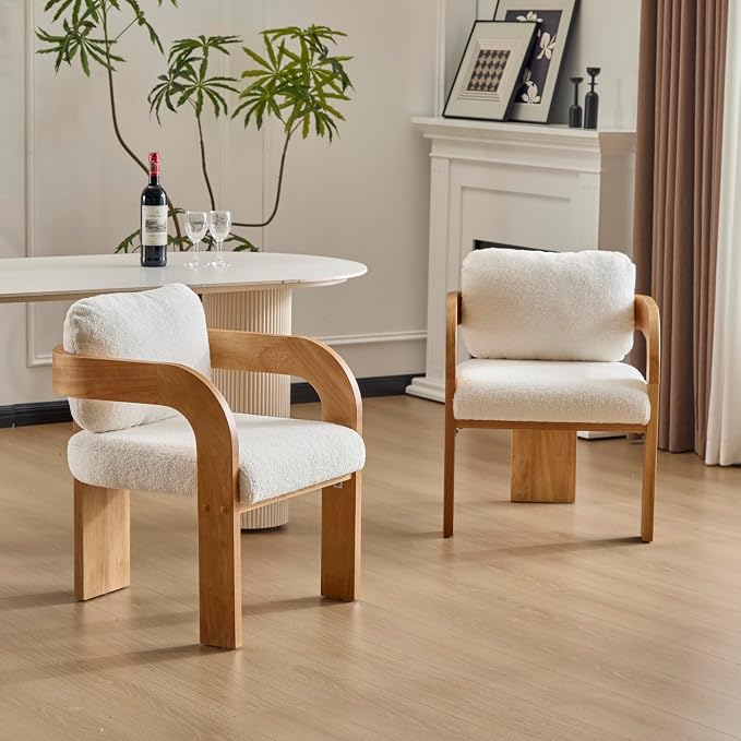 Christopher Knight Home Yorick Modern Boucle Dining Chair Set of 2 with Cushion, Solid Wood Dining Room Armchair Set, Curved Backrest Kitchen Side Chair, Living Room Comfy Extra Seat, Natural+White