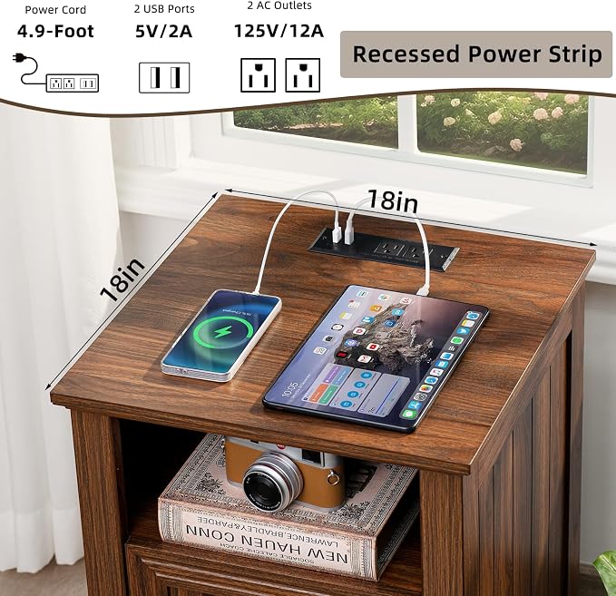 Joaxswe 18" Farmhouse Night Stand with Charging Station, 2 Drawers End Table Dresser for Bedroom, Brown Wooden Nightstand, Bed Side Table with Open Shelf, Bedside Cabinet for Living Room, Closet