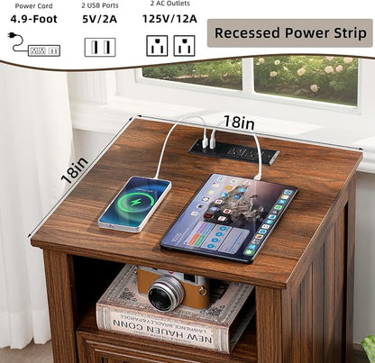 Joaxswe 18" Farmhouse Night Stands Set of 2 with Charging Station, 2 Drawers End Table Dresser for Bedroom, Brown Wooden Nightstand, Bed Side Table with Open Shelf, Bedside Cabinet for Living Room
