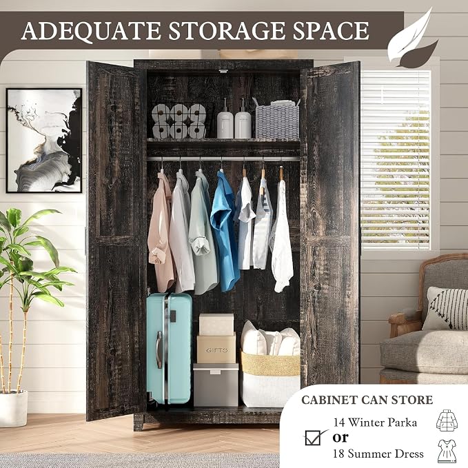 LUXOAK 70" Large Armoire Wardrobe Closet Set of 2 with Hanging Rod, Farmhouse Clothing Storage Cabinet with 4 Barn Doors, Wooden Tall Bedroom Armoires with Shelf, Dark Oak Wood