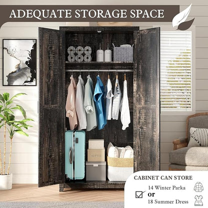 LUXOAK 70" Large Armoire Wardrobe Closet Set of 2 with Hanging Rod, Farmhouse Clothing Storage Cabinet with 4 Barn Doors, Wooden Tall Bedroom Armoires with Shelf, Dark Oak Wood
