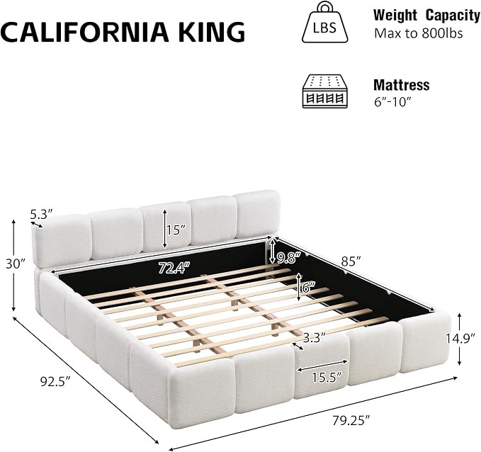 Merax California King Size Boucle Platform Bed with Thick Headboard and Footboard, Block Style Upholstery Floor Bed Frame, White