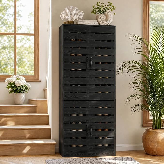 Tribesigns 71 in. Tall Shoe Cabinet with Doors,9-Tier Rustic Black Wood Vertical Shoe Storage with Adjustable Shelves and Metal Handle for Entryway,Living Room,Hallway