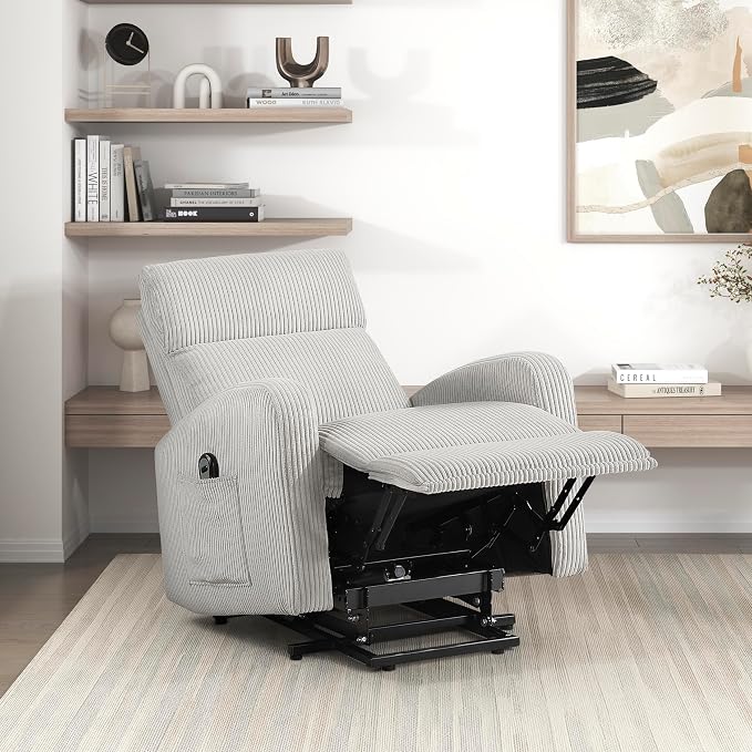 Lexicon Power Lift Recliner Chair for Elderly with Remote Control, Gentle Lift Motion, Side Pocket Armrest, Corduroy Upholstered Electric Recliner for Living Room/Bedroom, Easy Assembly, Light Gray