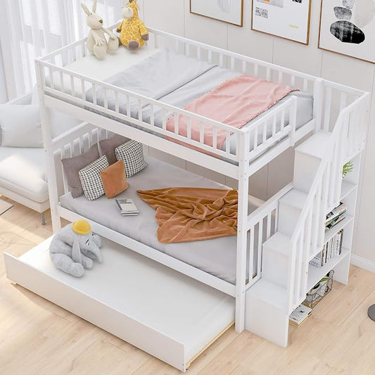 Solid Wood Twin Over Twin Bunk Bed with Trundle, Staircase, 4 Storage Shelves and Guard Rail, Can be Split Into 3 Separate Beds, No Box Spring Needed (White+3 Bed)