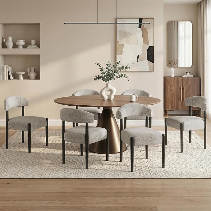 VKNOW Wooden Dining Chairs Set of 4 with Black Rubberwood Legs, Brown | Soft Chenille Fabric, Curved Open Back, Thickened Cushion, For Adults and Family, Dining Room, Kitchen, No Wobble