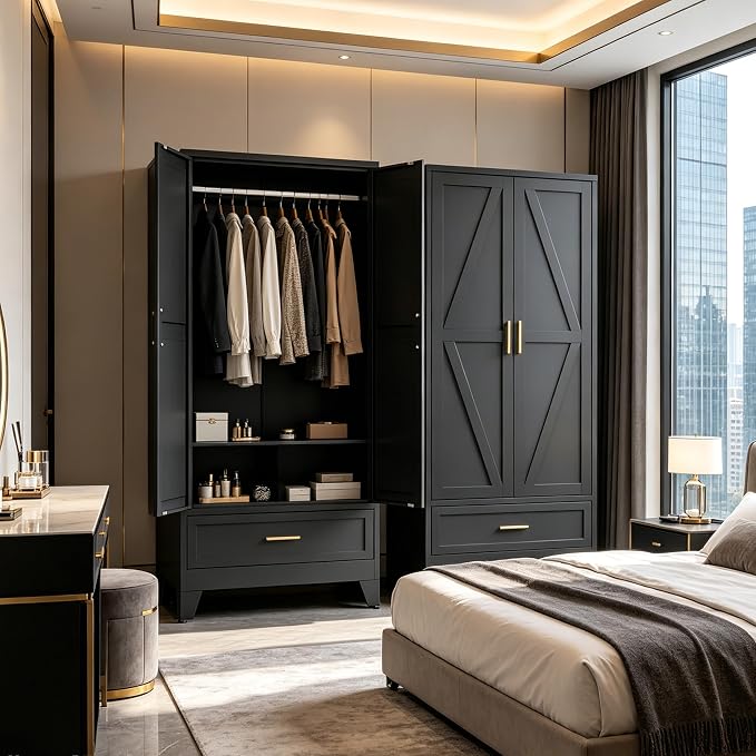71" H Metal Armoire Wardrobe Closet with Drawers, Black Wardrobe Closet with Doors and Shelves,Tall Wardrobe Closet for Bedroom