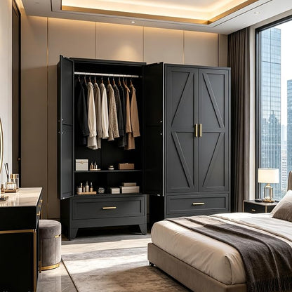 71" H Metal Armoire Wardrobe Closet with Drawers, Black Wardrobe Closet with Doors and Shelves,Tall Wardrobe Closet for Bedroom