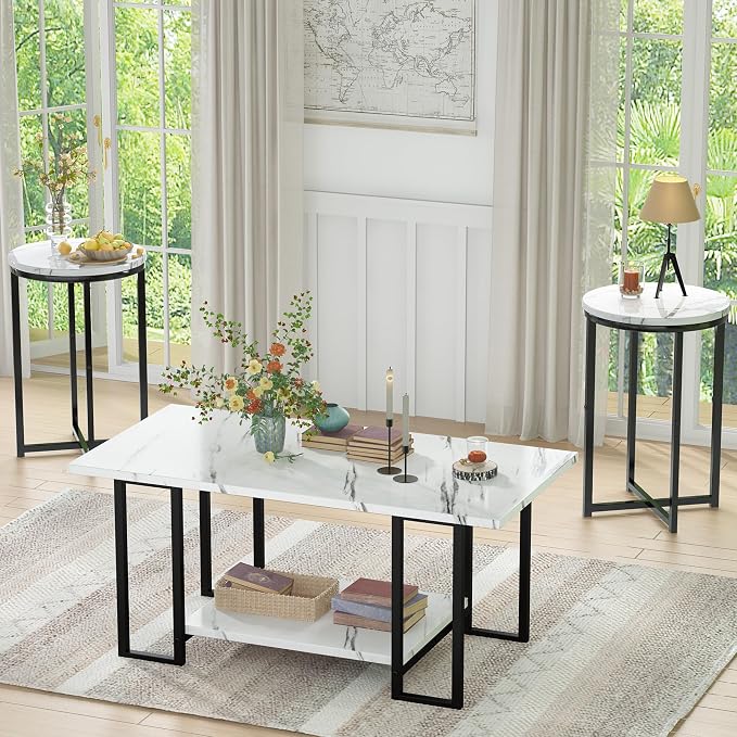 Lamerge 3 Pieces Living Room Table Set, Faux Marble Coffee Table with 2 Round End Side Tables, Coffee Table Set with Metal Frame for Apartment Home Office, White Black