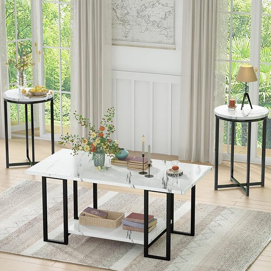 Lamerge 3 Pieces Living Room Table Set, Faux Marble Coffee Table with 2 Round End Side Tables, Coffee Table Set with Metal Frame for Apartment Home Office, White Black