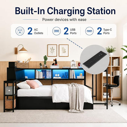 Bellemave Full Size Corner Bed Frame with Storage Bookcase & 2 Drawers, Modern Metal Full Daybed with LED Lights & Charging Station, Reversible Full Corner Bed with Desk for Space-Saving, Black