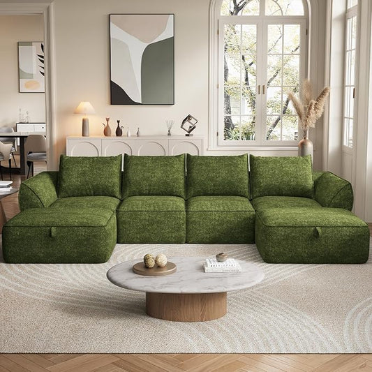 132" Modular Sectional Sofa with Deep Seat, U-Shaped Cloud Couch for Living Room, 4-Seater Boneless Sofa with 2 Ottomans, Flexible Combination Modern Upholstery Sofa, No Assembly Required, Algae Green