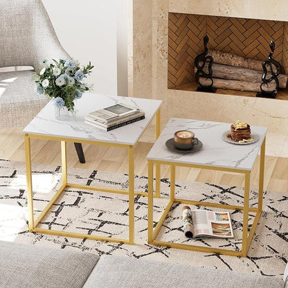 Garden 4 you Coffee Table Set of 2, Modern Engineered Wood Nesting Table, Metal Frame Square Center Table Set, Side Tables, Nesting Coffee Table for Living Room, Bedroom and Small Spaces, 19.7in Gold