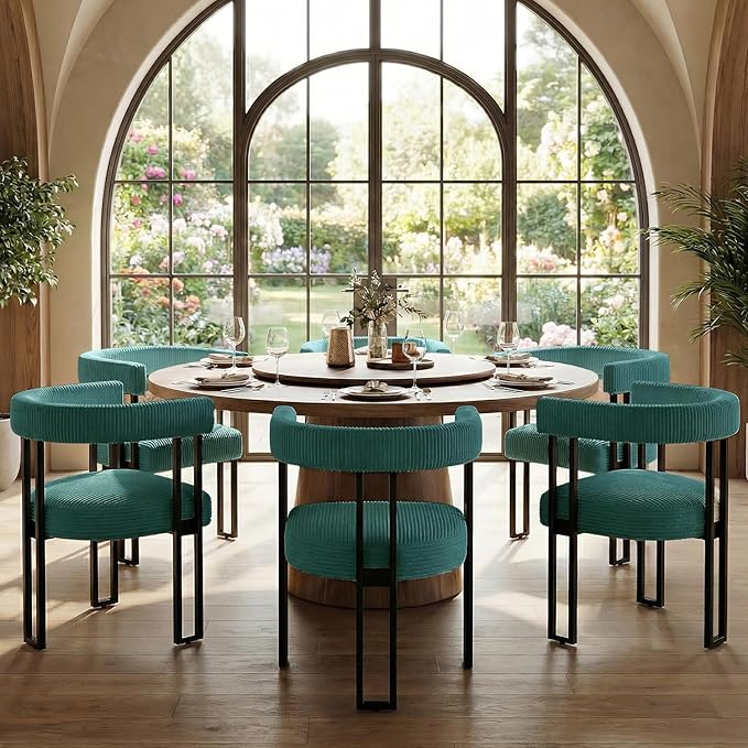 VIRRMO Boucle Dining Chair Set of 6 Corduroy Upholstered Dining Room Chairs Kitchen Chairs with Metal Legs Mid Century Modern Chair for Dining Room, Kitchen (Peacock Green, 6)