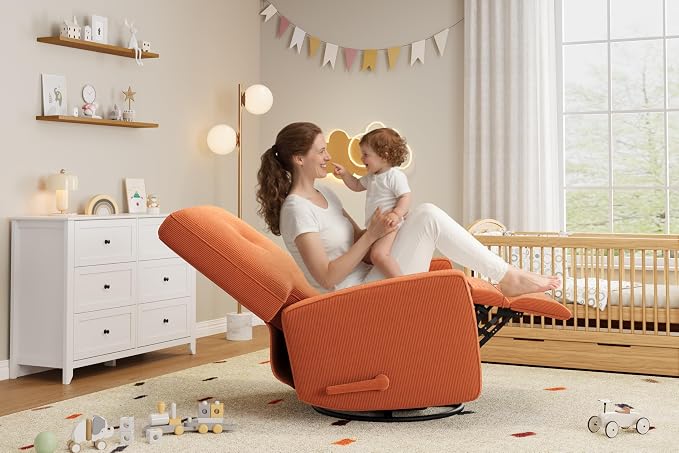 IDEALHOUSE Recliner Chair, 360° Swivel Rocking Glider Chair for Adults with Adjustable Backrest & Footrest, Cozy Corduroy Upholstered Armchair for Living Rooms, Bedrooms, Apartments, Orange