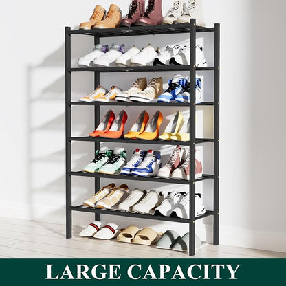 Smiry Bamboo Shoe Rack, 6 Tier Free Standing Wooden Shoe Organizer, Stackable Wood Shoe Storage Shelf for Closet, Entryway, 12 Vertical Slats, 2+2+2 Stack Standard Legs, 26.8"x11"x39", Black