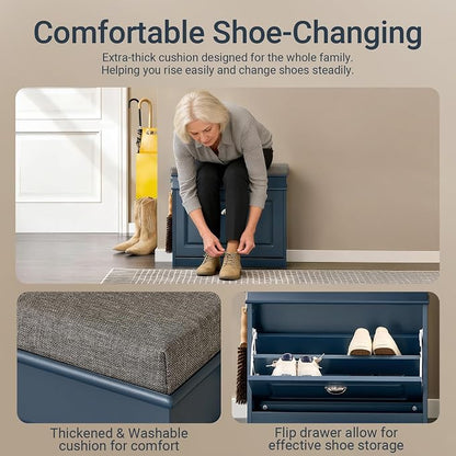 Haotian Small Shoe Storage Bench, Narrow Shoe Cabinet Entryway with 1 Flip-Drawer and Seat Cushion, Mini Shoe Rack Hallway Entrance Mudroom, Navy Blue FSR82-K-B