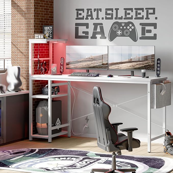 Bestier Gaming Desk with Power Outlets, 61 Inch Large Led Gamer Desk with 4 Tiers Reversible Shelves, PC Gaming Table with Headset Hook & Side Storage Bag for Bedroom (White 3D Carbon Fiber)