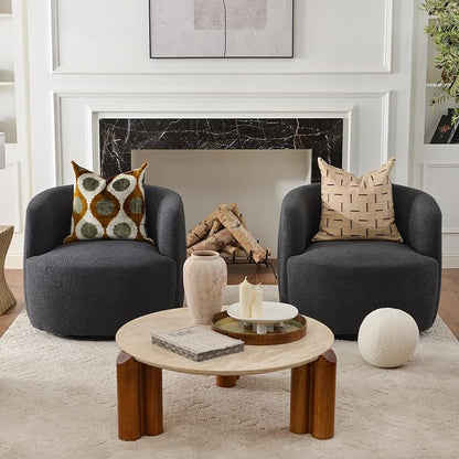 KINWELL 34" Wide Boucle Swivel Barrel Chairs Set of 2, No Assembly Round Upholstered Armchairs Accent Chairs Single Sofa Chair with Toss Pillow for Living Room and Bedroom, Dark Grey