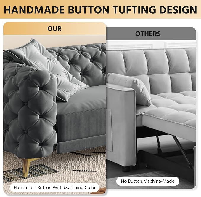 97.7" Convertible Queen Sleeper Sofa with Ottoman - Button Tufted Pull Out Sofa Bed, Velvet King Size Couch Bed & Vintage Deep Seat 4-Seater Couch for Small Spaces, Apartment & Living Room, Dark Grey | Button Tufted