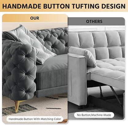97.7" Convertible Queen Sleeper Sofa with Ottoman - Button Tufted Pull Out Sofa Bed, Velvet King Size Couch Bed & Vintage Deep Seat 4-Seater Couch for Small Spaces, Apartment & Living Room, Dark Grey | Button Tufted