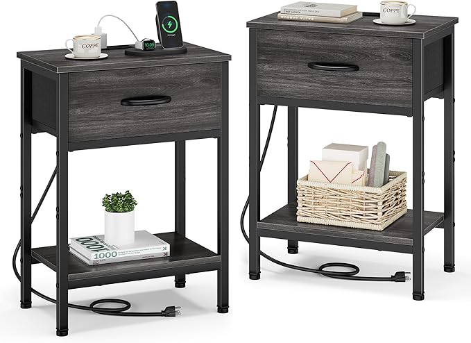 Vagusicc Nightstand Set of 2 with Charging Station, Bed Side Table with Fabric Drawer, Small End Table with 2-Tier Open Shelves, 25.4" Tall Night Stand Bedside Table for Bedroom Living Room, Black Oak