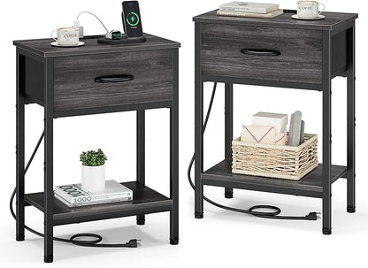 Vagusicc Nightstand Set of 2 with Charging Station, Bed Side Table with Fabric Drawer, Small End Table with 2-Tier Open Shelves, 25.4" Tall Night Stand Bedside Table for Bedroom Living Room, Black Oak