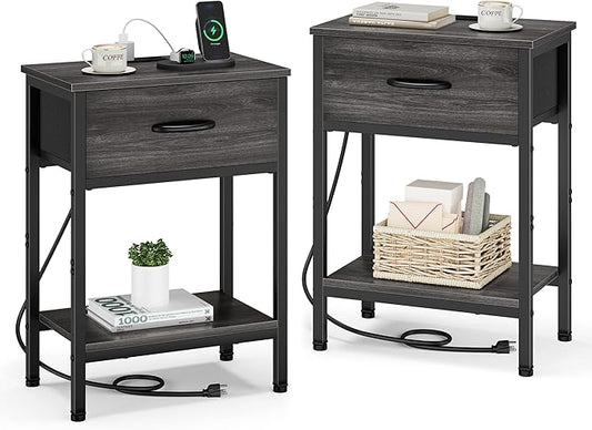 Vagusicc Nightstand Set of 2 with Charging Station, Bed Side Table with Fabric Drawer, Small End Table with 2-Tier Open Shelves, 25.4" Tall Night Stand Bedside Table for Bedroom Living Room, Black Oak